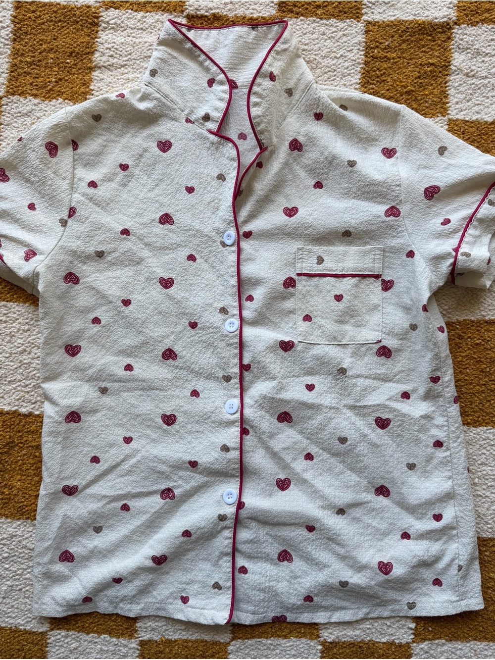 Cream Short-Sleeve Button Pajama Top with Pink Heart Print